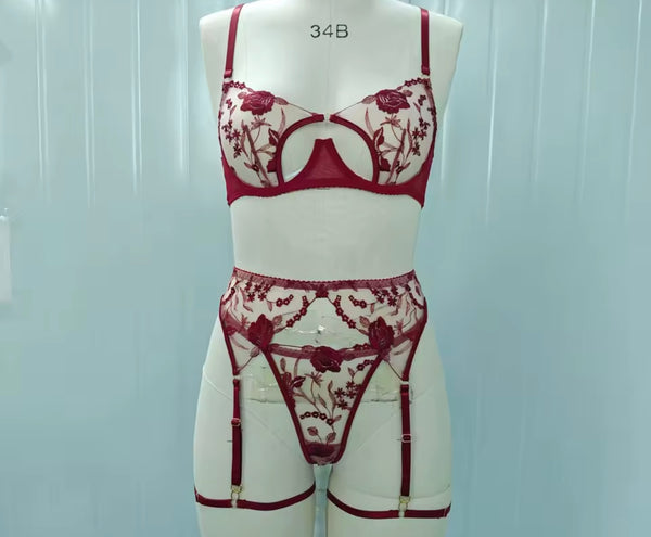 Women Sexy Color Lace Thong Lingerie Set