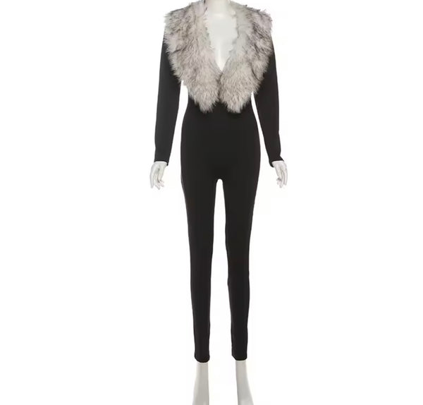 Women Black Faux Fur Patchwork Fashion Full Sleeve Jumpsuit