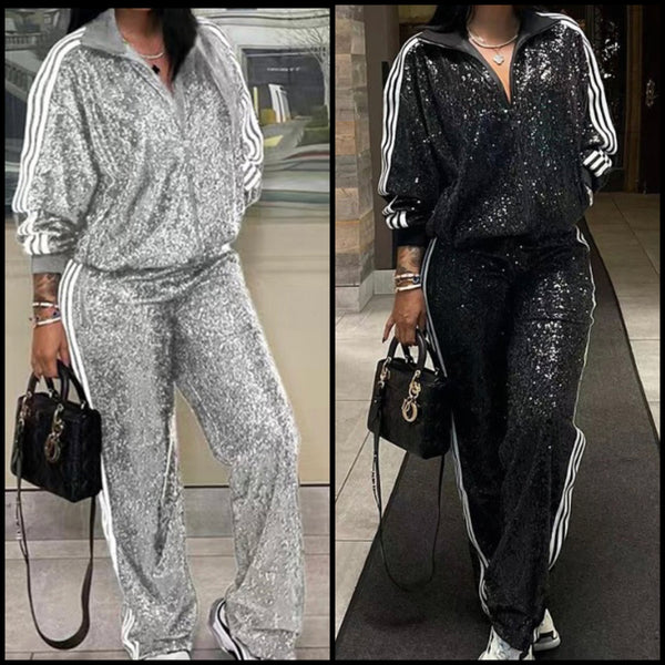 Women Fashion Sequins Striped Two Piece Tracksuit Pant Set