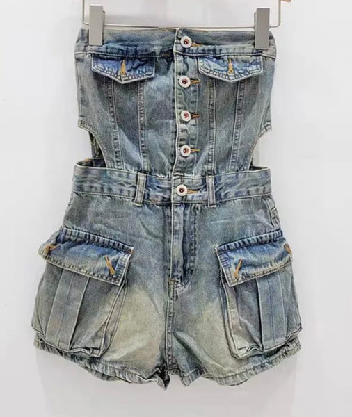 Women Fashion Strapless Button Cut Out Denim Romper