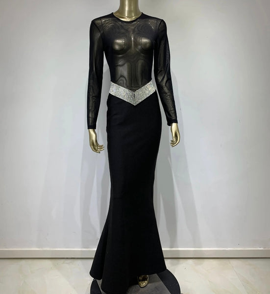 Women Sexy Full Sleeve Black Bling Mesh Patchwork Maxi Dress