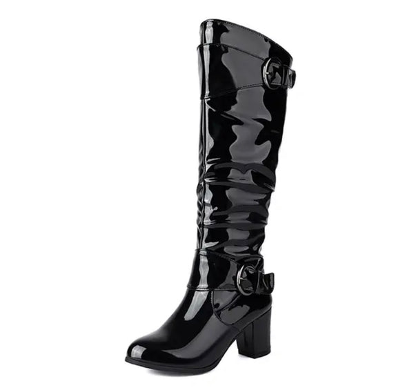 Women Fashion Patent Leather Buckled Knee High Boots