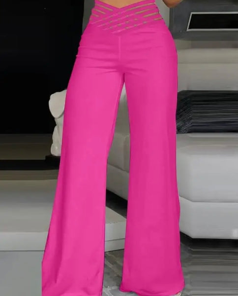 Women High Waisted Solid Color Wide Leg Pants