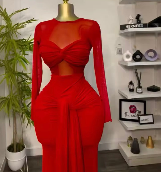 Women Sexy Solid Color Tie Up Full Sleeve Maxi Dress