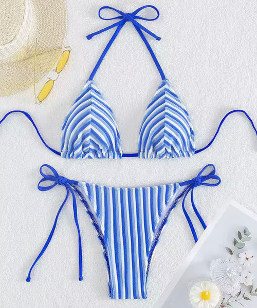 Women Sexy Tie Up Halter Striped Bikini Swimsuit