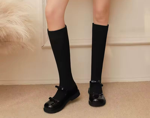 Women Fashion Black Bow Sock Flat Ankle/Mid Calf Boots