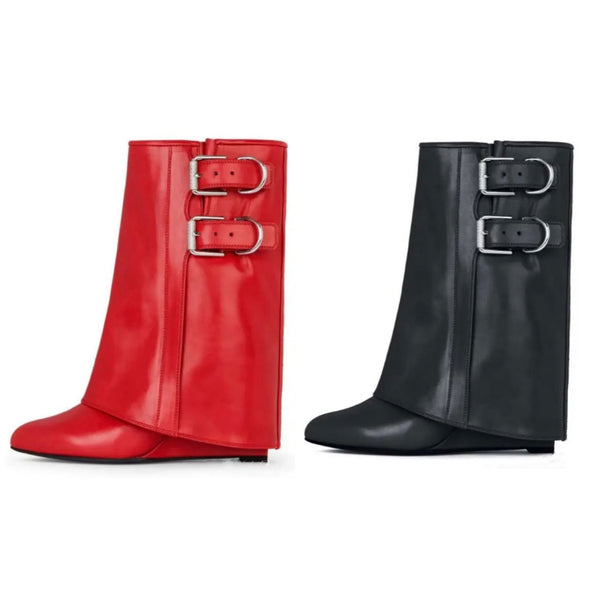 Women Fashion Faux Leather Buckled Wedge Ankle Boots