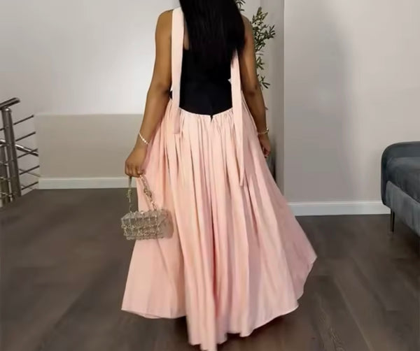 Women Sexy Strapless Color Patchwork Pleated Maxi Dress