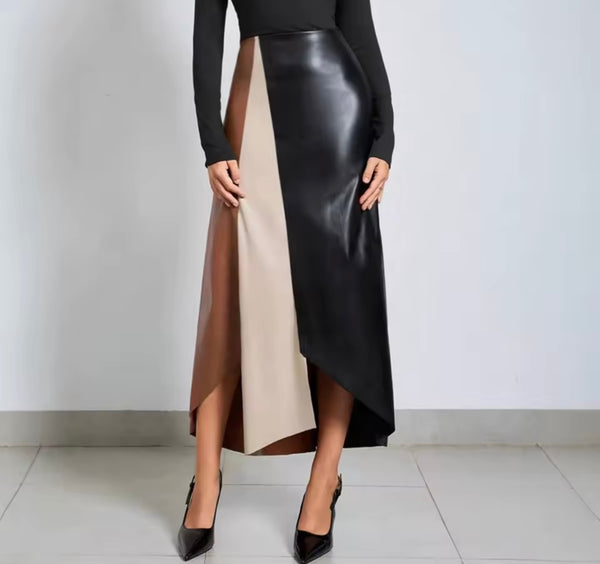 Women Fashion Color Patchwork Faux Leather Maxi Skirt