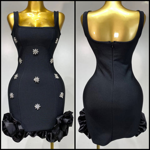 Women Black Sexy Sleeveless Crystal Floral Ruffled Dress