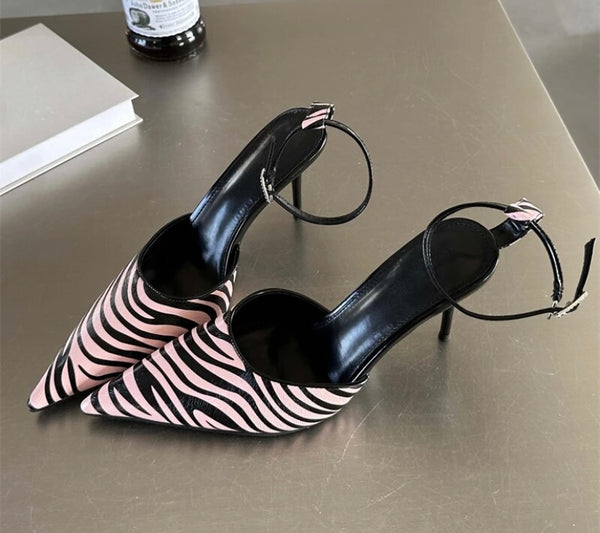 Women Fashion Zebra Print Ankle Strap High Heels