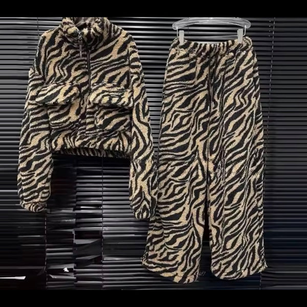 Women Fashion Animal Print Sweater Two Piece Pant Set