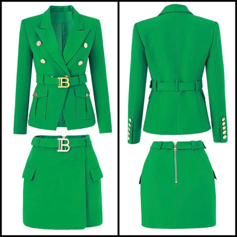 Women Green Letter Belted Blazer Two Piece Skirt Set