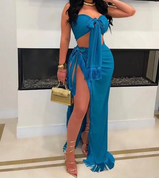 Women Sexy Strapless Solid Color Fringe Two Piece Maxi Skirt Set