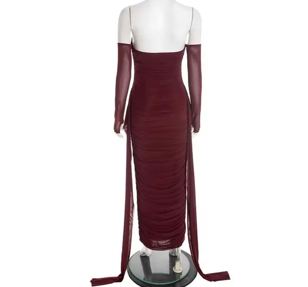 Women Sexy Off The Shoulder Mesh Full Sleeve Ruched Maxi Dress