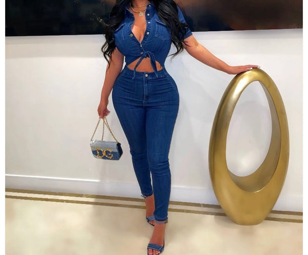 Women Short Sleeve Cut Out Sexy Denim Jumpsuit