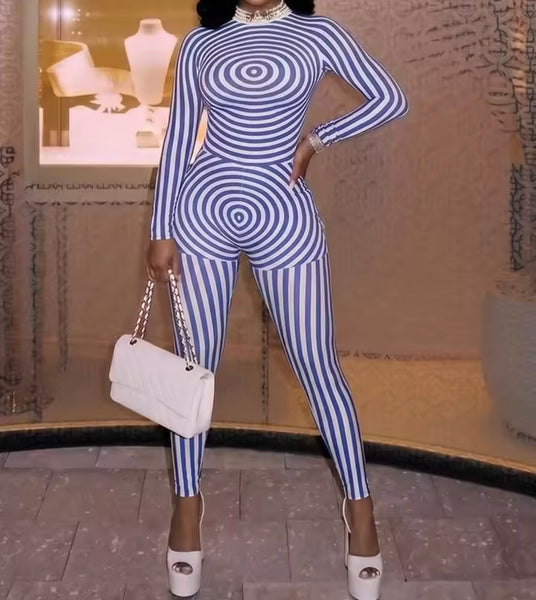 Women Fashion Blue/White Printed Full Sleeve Jumpsuit