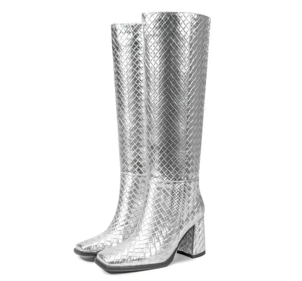 Women Fashion Silver Faux Leather Back Zipper Knee High Boots