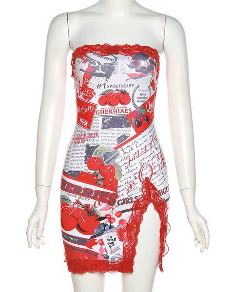 Women Sexy Strapless Cherry Print Lace Patchwork Dress