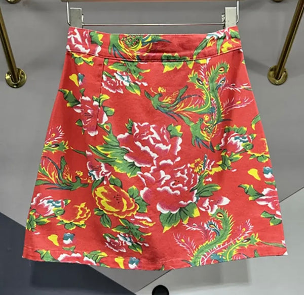 Women Sexy Fashion Green/Orange Floral Denim Short Skirt