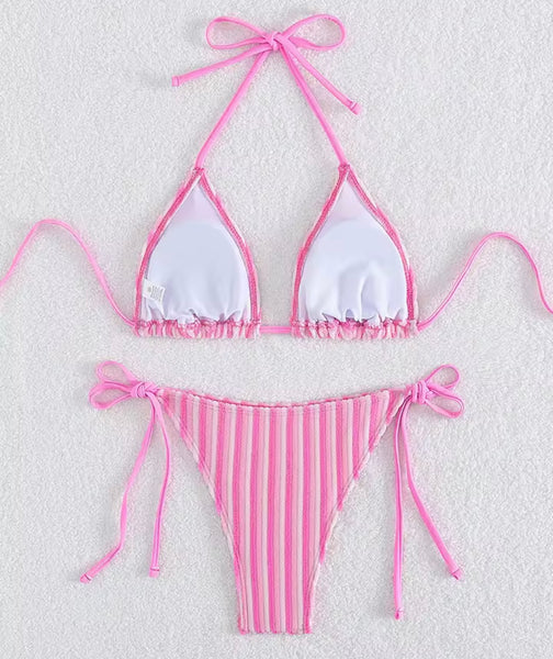 Women Sexy Tie Up Halter Striped Bikini Swimsuit