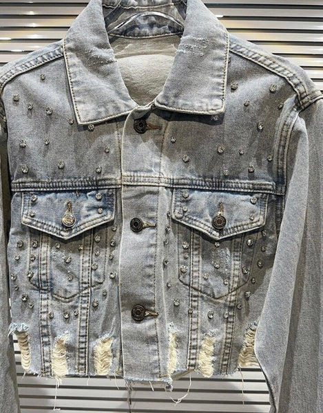 Women Rhinestone Fashion Button Up Ripped Denim Jacket