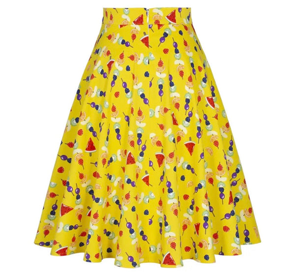 Women Yellow Fashion Fruit Print Pleated Skirt
