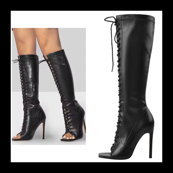 Women Black Open Toe Lace Up Faux Leather Knee High Boots