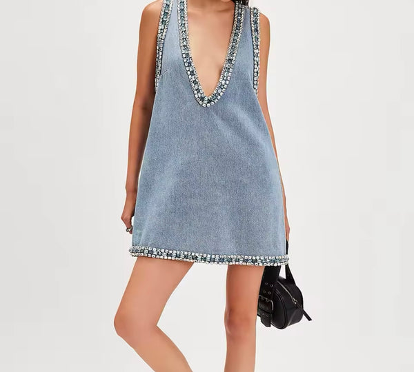 Women Sexy V-Neck Sleeveless Rhinestone Denim Dress