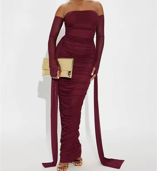 Women Sexy Off The Shoulder Mesh Full Sleeve Ruched Maxi Dress