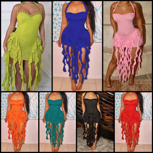 Women Color Halter Sleeveless Tassel Sexy Dress