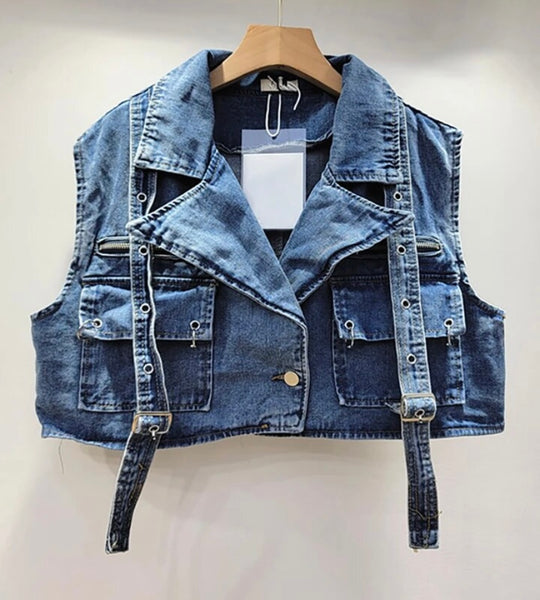 Women Buckled Fashion Denim Vest Top