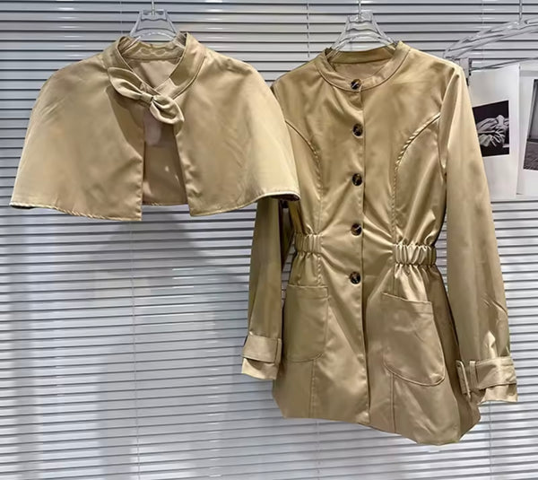 Women Fashion Khaki Shawl Two Piece Trench Jacket