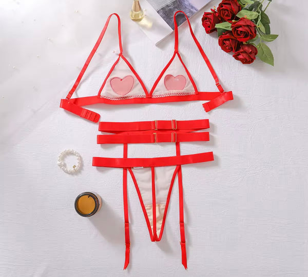 Women Sexy Red Heart Mesh G-String Lingerie Set