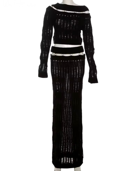 Women Black Knitted Full Sleeve Crop Two Piece Maxi Skirt Set