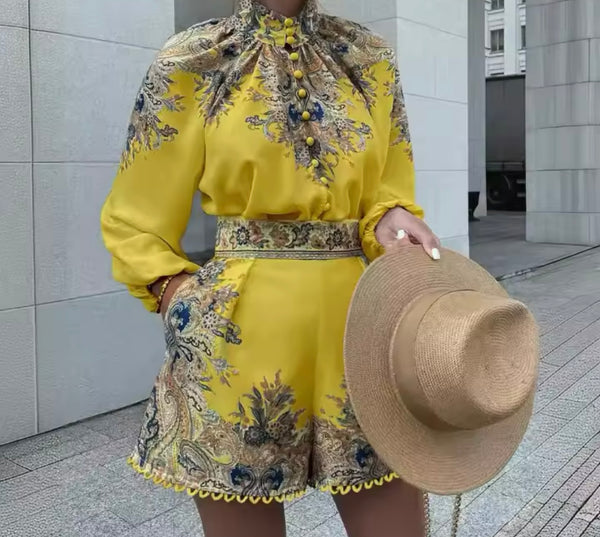 Women Fashion Printed Button Up Full Sleeve Two Piece Short Set