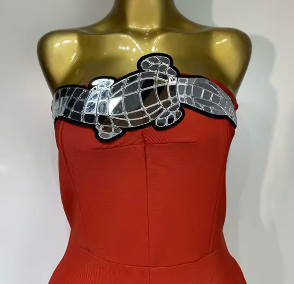 Women Red Printed Strapless Fashion Jumpsuit