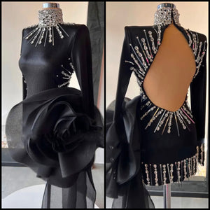 Women Black Sexy Rhinestone Patchwork Open Back Velour Dress