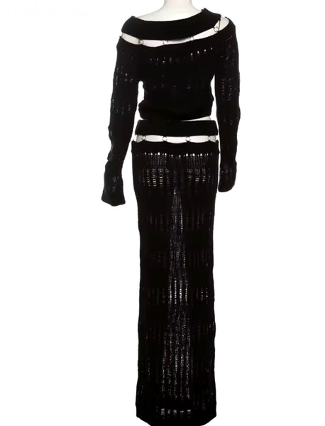 Women Black Knitted Full Sleeve Crop Two Piece Maxi Skirt Set