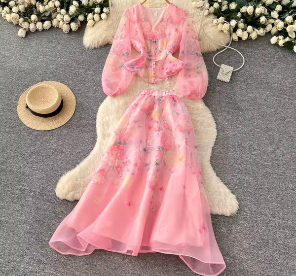 Women Button Up Floral Full Sleeve Chiffon Two Piece Skirt Set