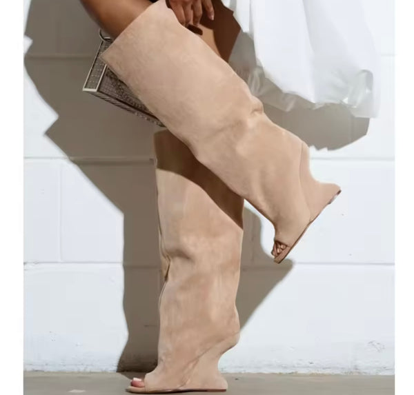 Women Color Open Toe Suede Wedge Knee High Boots