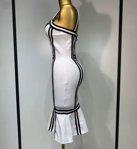 Women Sexy Sleeveless White Striped Ruffled Dress