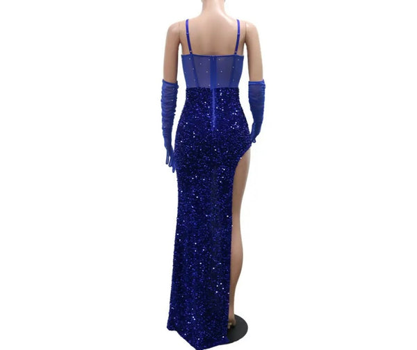 Women Sexy Sleeveless Glove Bling Mesh Patchwork Sequins Maxi Dress