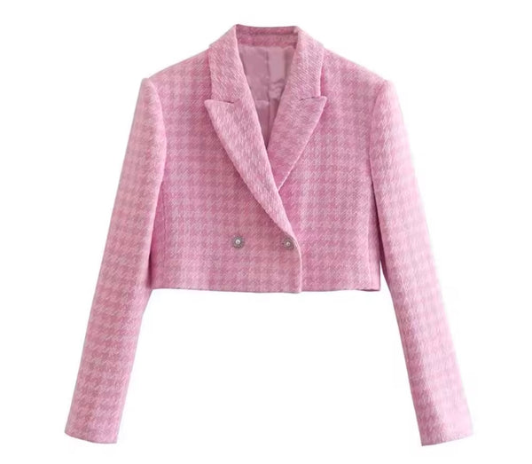 Women Sexy Pink Tweed Bling Button Blazer Two Piece Short Set