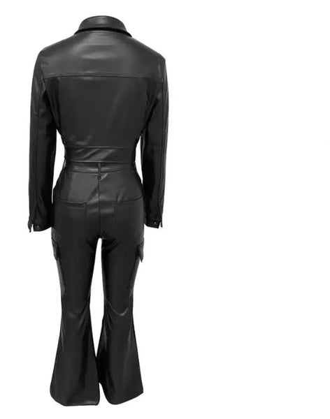 Women Fashion Black Faux Leather Button Up Two Piece Pant Set