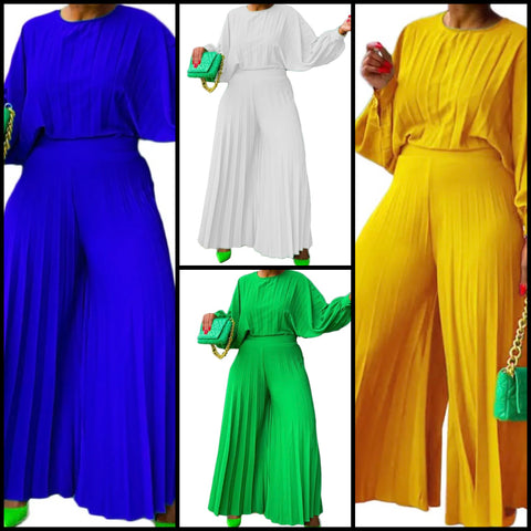 Women Fashion Full Sleeve Solid Color Two Piece Pleated Pant Set