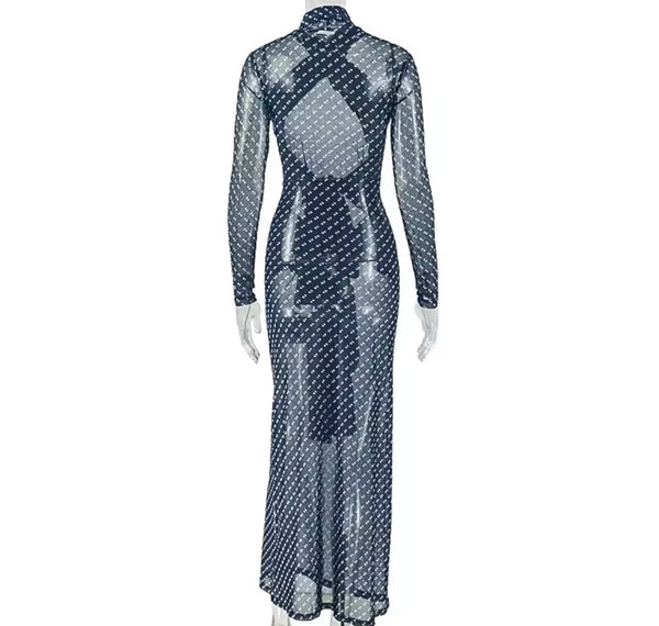 Women Sexy Black Polka Dot Mesh Full Sleeve Maxi Dress