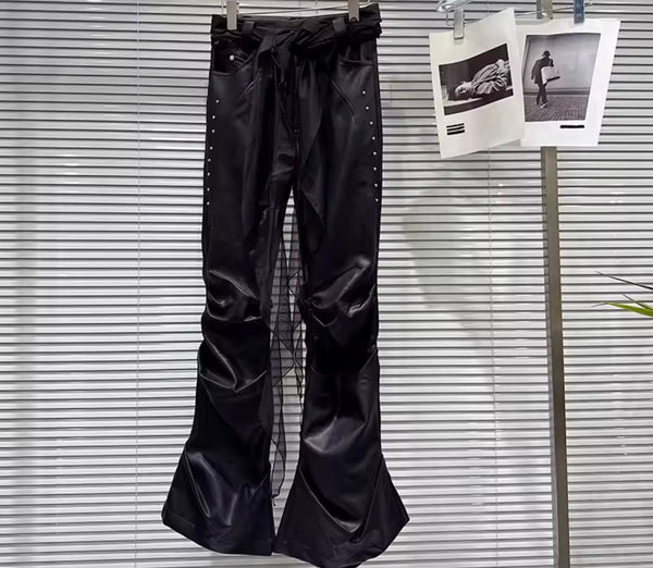 Women Fashion Rivet Faux Leather Ruched Pants