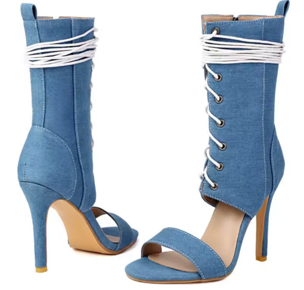Women Color Open Toe Fashion Lace Up Ankle High Heel Boots