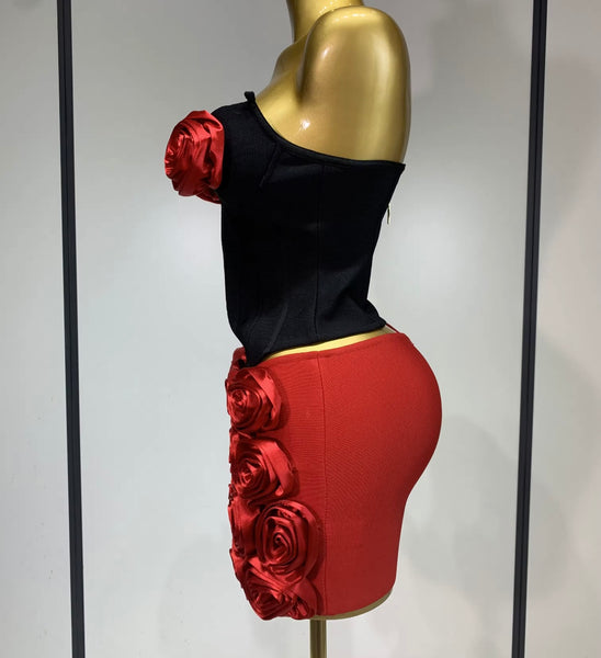 Women Sexy Strapless 3D Floral Two Piece Skirt Set